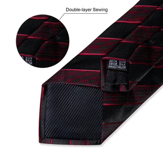 New Red Black Stripe Silk Necktie Pocket Square Cufflinks Set