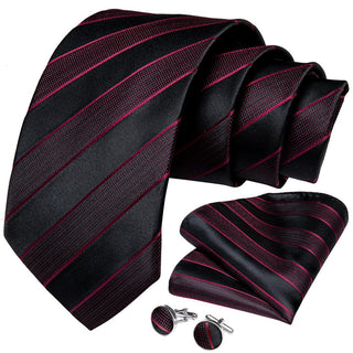 New Red Black Stripe Silk Necktie Pocket Square Cufflinks Set