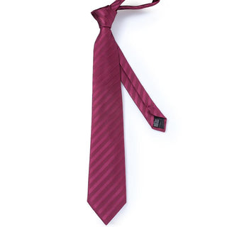 New Burgundy Red Striped Silk Necktie Pocket Square Cufflinks Set