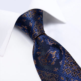 New Dark Blue Gold Plaid Silk Necktie Pocket Square Cufflinks Set