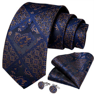 New Dark Blue Gold Plaid Silk Necktie Pocket Square Cufflinks Set