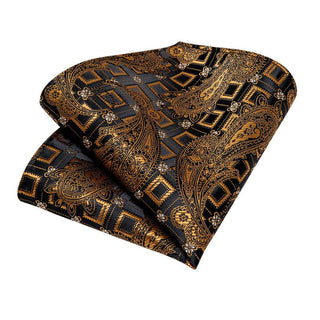 Golden Brown Black Floral Silk Necktie Pocket Square Cufflinks Set