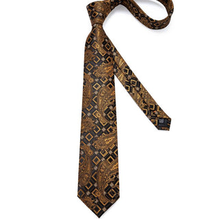 Golden Brown Black Floral Silk Necktie Pocket Square Cufflinks Set