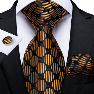 Golden Black Polka Dot Silk Necktie Pocket Square Cufflinks Set