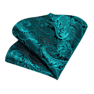 Novelty Turquoise Floral Silk Men's Necktie Pocket Square Cufflinks Set