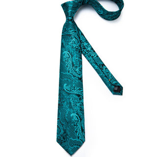 Novelty Turquoise Floral Silk Men's Necktie Pocket Square Cufflinks Set