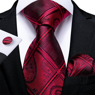 New Purple Red Plaid Silk Necktie Pocket Square Cufflinks Set