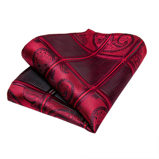 New Purple Red Plaid Silk Necktie Pocket Square Cufflinks Set