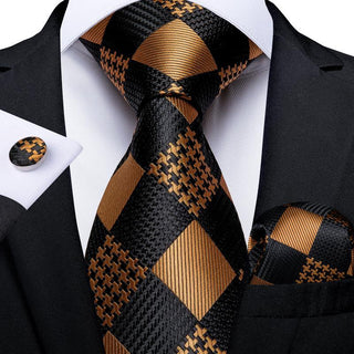 New Black Brown Plaid Silk Necktie Pocket Square Cufflinks Set