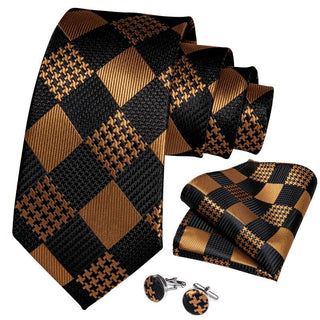New Black Brown Plaid Silk Necktie Pocket Square Cufflinks Set