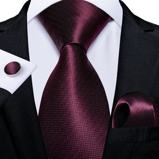 Novelty Burgundy Solid Silk Necktie Pocket Square Cufflinks Set