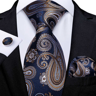 Brown Blue Paisley Silk Necktie Pocket Square Cufflinks Set