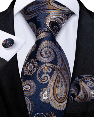 Brown Blue Paisley Silk Necktie Pocket Square Cufflinks Set