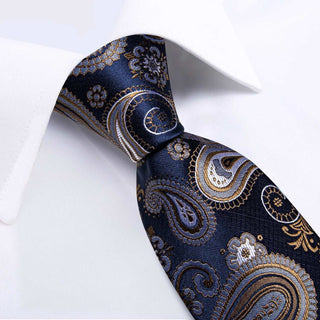 Brown Blue Paisley Silk Necktie Pocket Square Cufflinks Set