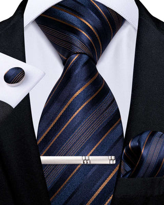Blue Golden Striped Silk Necktie Pocket Square Cufflinks Set
