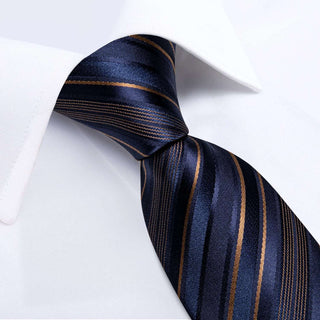 Blue Golden Striped Silk Necktie Pocket Square Cufflinks Set