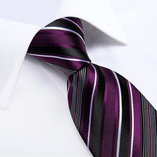 Purple Black White Striped Silk Necktie Pocket Square Cufflinks Set
