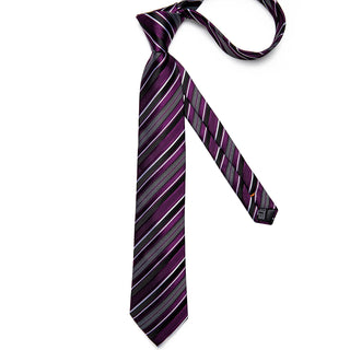 Purple Black White Striped Silk Necktie Pocket Square Cufflinks Set