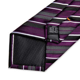Purple Black White Striped Silk Necktie Pocket Square Cufflinks Set