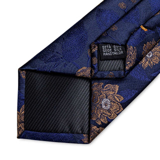 Blue Brown Floral Men's Silk Necktie Pocket Square Cufflinks Set
