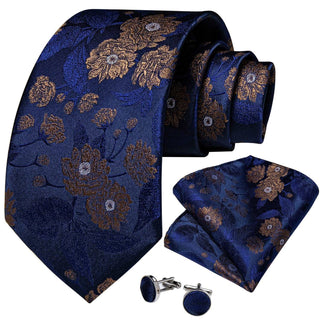 Blue Brown Floral Men's Silk Necktie Pocket Square Cufflinks Set