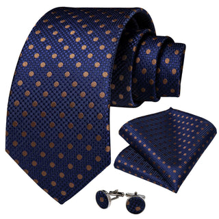 Blue Brown Polka Dot Silk Necktie Pocket Square Cufflinks Set