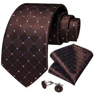 Brown Plaid Polka Dot Silk Necktie Pocket Square Cufflinks Set