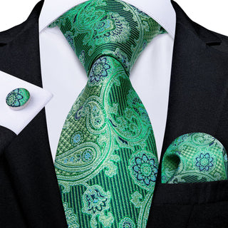 New Green Black Paisley Silk Necktie Pocket Square Cufflinks Set