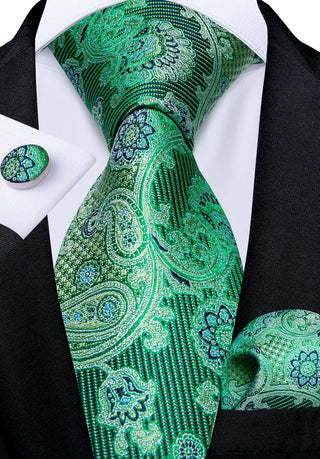 New Green Black Paisley Silk Necktie Pocket Square Cufflinks Set