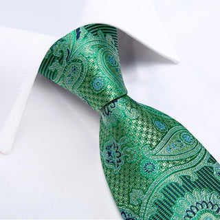 New Green Black Paisley Silk Necktie Pocket Square Cufflinks Set