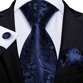 Blue Floral Paisley Silk Necktie Pocket Square Cufflinks Set