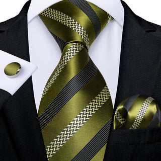 New Olive Green Black Striped Silk Necktie Pocket Square Cufflinks Set