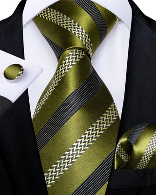 New Olive Green Black Striped Silk Necktie Pocket Square Cufflinks Set