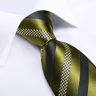 New Olive Green Black Striped Silk Necktie Pocket Square Cufflinks Set
