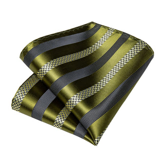 New Olive Green Black Striped Silk Necktie Pocket Square Cufflinks Set