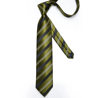 New Olive Green Black Striped Silk Necktie Pocket Square Cufflinks Set