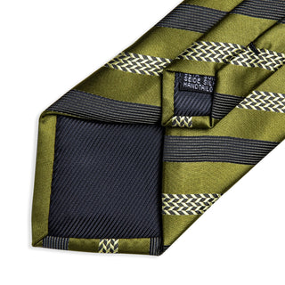 New Olive Green Black Striped Silk Necktie Pocket Square Cufflinks Set