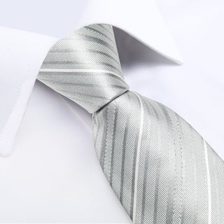 White Grey Striped Silk Necktie Pocket Square Cufflinks Set