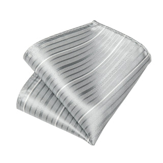 White Grey Striped Silk Necktie Pocket Square Cufflinks Set