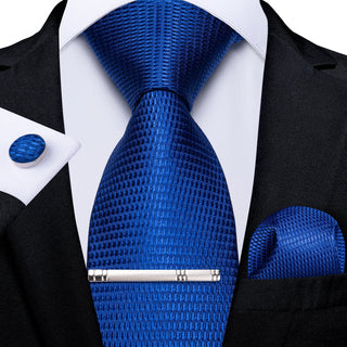 New Solid Blue Silk Necktie Pocket Square Cufflinks Set