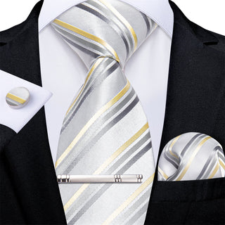 White Yellow Grey Striped Silk Necktie Pocket Square Cufflinks Set