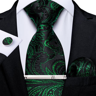 Classy Black Green Floral Silk Men's Necktie Pocket Square Cufflinks Set