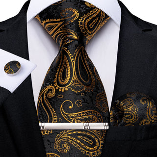 New Black Golden Paisley Silk Men's Necktie Pocket Square Cufflinks Set
