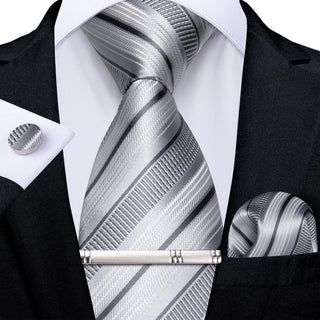 Silver Stripe Silk Necktie Pocket Square Cufflinks Set