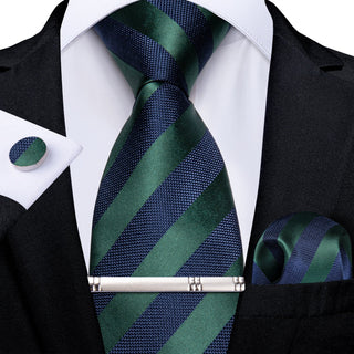 New Blue Green Stripe Silk Men's Necktie Pocket Square Cufflinks Set