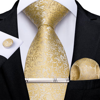 Yellow Floral Silk Necktie Pocket Square Cufflinks Set