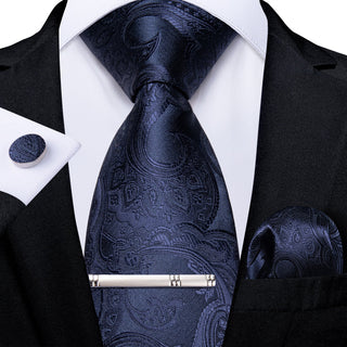 Midnight Blue Floral Silk Necktie Pocket Square Cufflinks Set