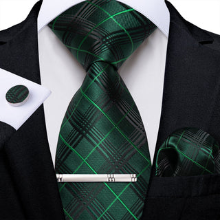 New Green Striped Silk Necktie Pocket Square Cufflinks Set