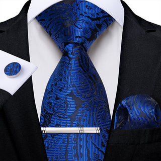 Blue Floral Novelty Silk Necktie Pocket Square Cufflinks Set