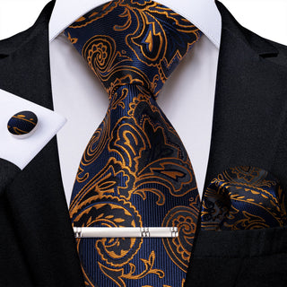New Blue Golden Floral Silk Men's Necktie Pocket Square Cufflinks Set